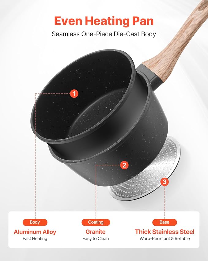 VEVOR 1.5 QT Saucepan, Nonstick Saucepan with Tempered Glass Lid, Multipurpose Cooking Sauce Pot with Detachable Handle, Sauce Pan Small Kitchen Cooking Pot with Coating, Induction Compatible, Black