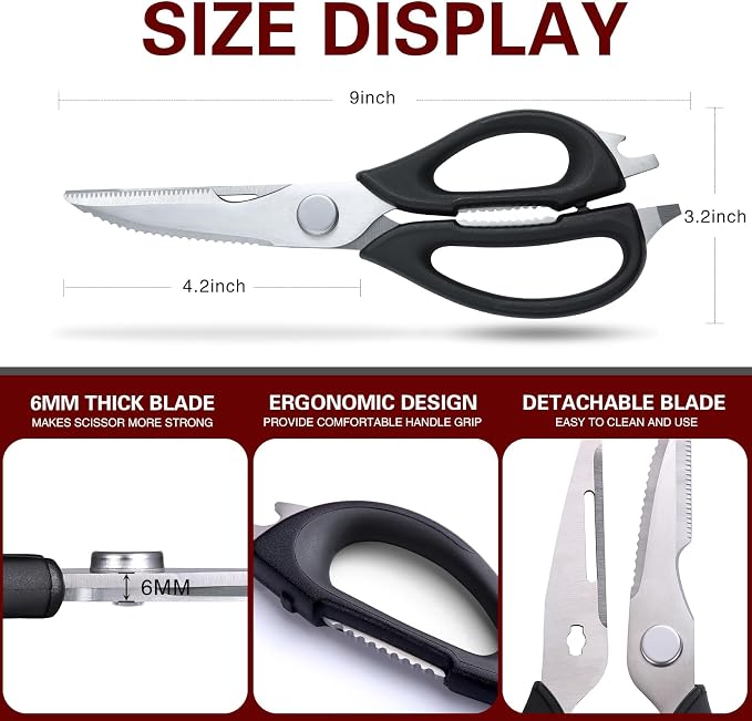 Come Apart Kitchen Scissors for Food, All Purpose Kitchen Shears (Black) | Easy to Clean, Detachable Blade, Comfort Grip, Multi Functional Cooking Scissors for Meat, Poultry, Fish