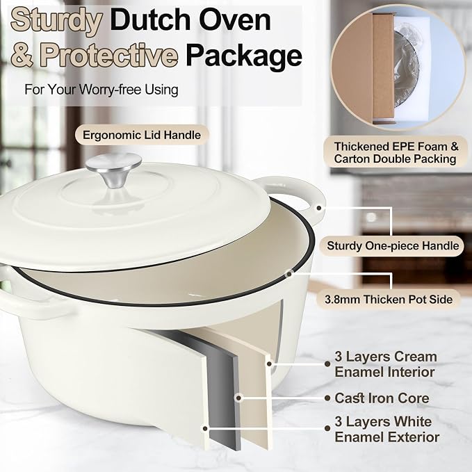 P&P CHEF 7QT Enameled Dutch Oven, Dutch Oven Pot for Bread Baking, White | 7 Quart Enameled Cast Iron Casserole Pot with Lid, for Roasting Braising Stewing Frying Simmering, Work on Various Stoves