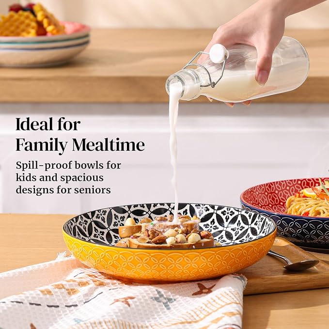 DOWAN 10" Vibrant Pasta, Salad & Soup Serving Bowls Set of 4, Embossed Large Porcelain Ceramic, Microwave & Dishwasher Safe, Bonita Design Dinnerware Dishes for Daily Dining, Family Gatherings, Party