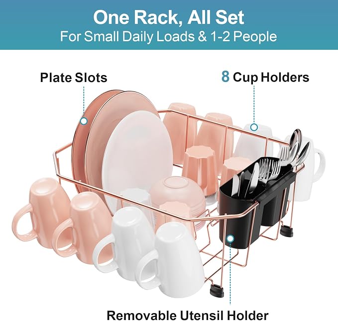 Small in Sink Dish Drying Rack - Stainless Steel for RV Kitchen | Compact Design for Apartments, Angled Corners Fit Square & Round Sinks, Utensil Holder, Cup Hooks, 1-2 Person, 11.6" x 13.4"