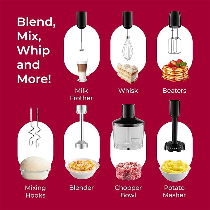 MuellerLiving Immersion Hand Blender - Full Set 7 Attachments, 8 speed | Mixer with 7 Attachments: Stainless Steel Blade, Whisk, Milk Frother, Beater, Mixing Hooks, Potato Masher, Chopper Bowl
