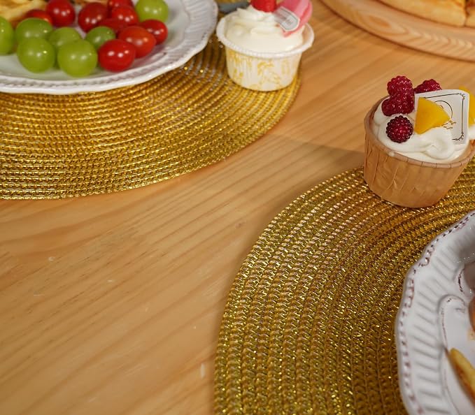 Zupro Round Golden Placemats Set of 6 Braided 15" Indoor/Outdoor Use | Heat Resistant Non-Slip Washable,for Kitchen Dining Tables Dinner Parties Thanksgiving Christmas and Everyday Use.