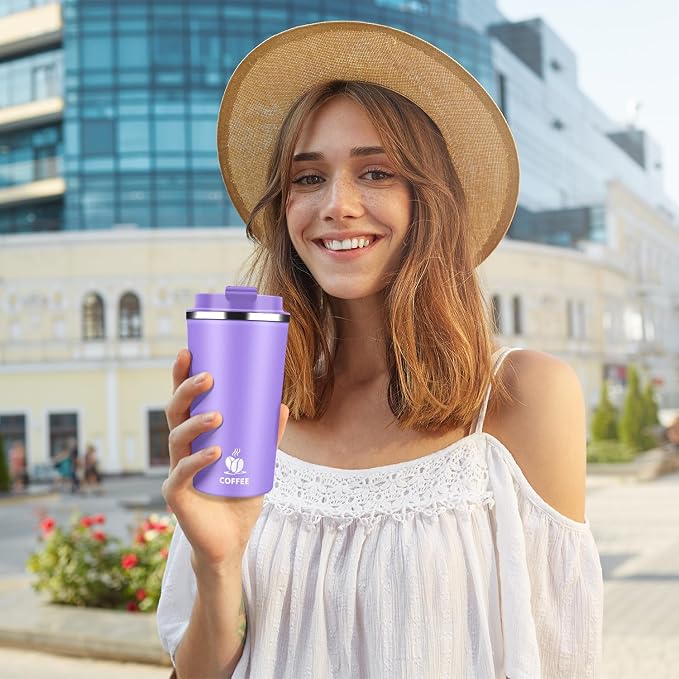 Insulated Travel Coffee Mug Reusable Coffee Tumbler Cup with Flip Lid Leak Proof Spill Proof for Office School Party Camping Hot and Cold Drink,Stainless Steel 17oz (Purple)