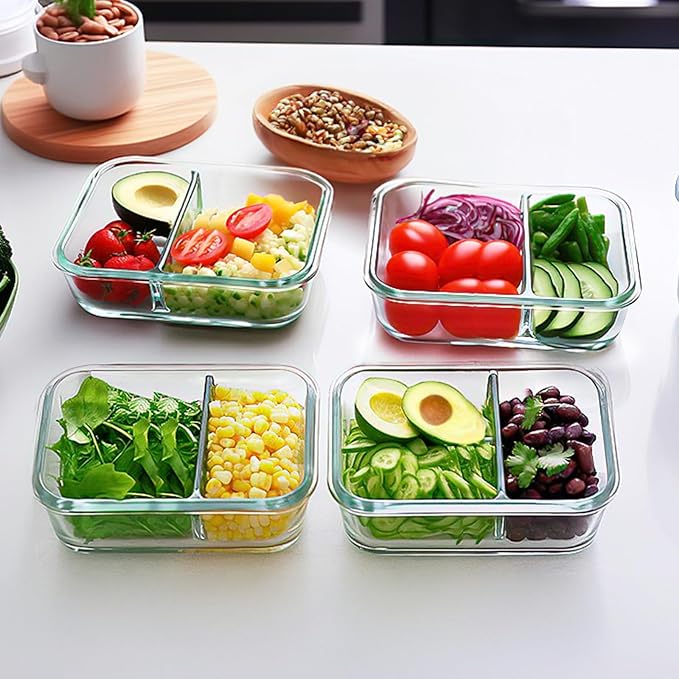 M MCIRCO 10 Pack,30 oz, 2 Compartments Glass Meal Prep Containers with Lids | Divided Glass Food Storage Containers, Portion Control Lunch Containers, Microwave, Oven, Freezer, Dishwasher, Green