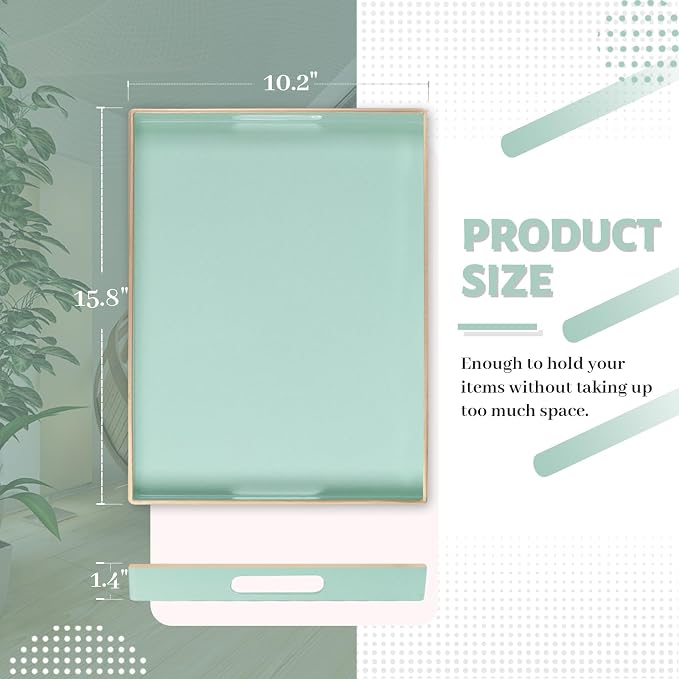 Mint Green Decorative Tray for Ottoman, Serving Tray with Handles | Plastic Melamine Tray, Modern Coffee Table Tray, Rectangle Countertop Organizer Tray for Living Room, 15.8"L x 10.2"W x 1.4"H
