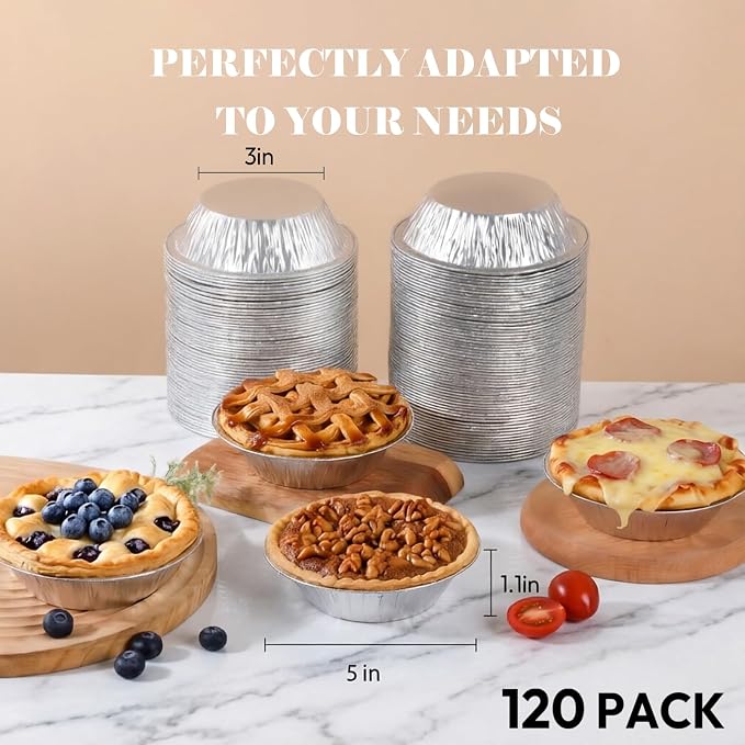 120 Pack Mini Pie Tins, 5 Inch Disposable Aluminum Pie Pans, Foil Pie Pans, Individual Pie Pans perfect for Baking, Small Pie Tins, Freezer & Oven Safe, Easily Stack & Store