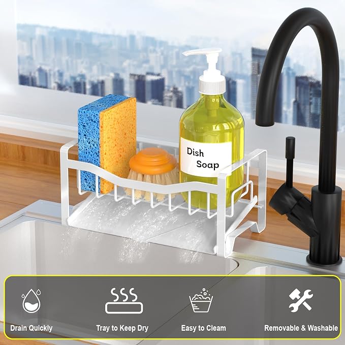 Stainless Steel Kitchen Sink Caddy Organizer with Auto Drain Tray, Sponge Holder for Countertop Storage (White)