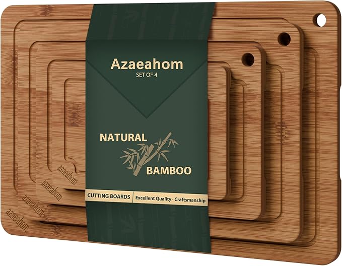 4-Piece Bamboo Cutting Board Set Serving Tray Juice GroovesHandles | Ideal for Meat Vegetables Fruit,Easy Storage & Quick Clean,Natural Wood Construction,Dual-Purpose as Serving Tray
