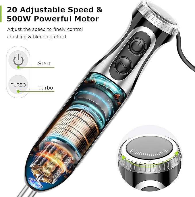 Bonsenkitchen Immersion Blender with Food Processor, 20 Speeds & Turbo Mode | 4-in-1 Emulsion Hand Blender, Egg Whisk, 24 oz Beaker & Chopper Bowl, Portable Hand Mixer for Smoothie, Soup, Baby Food