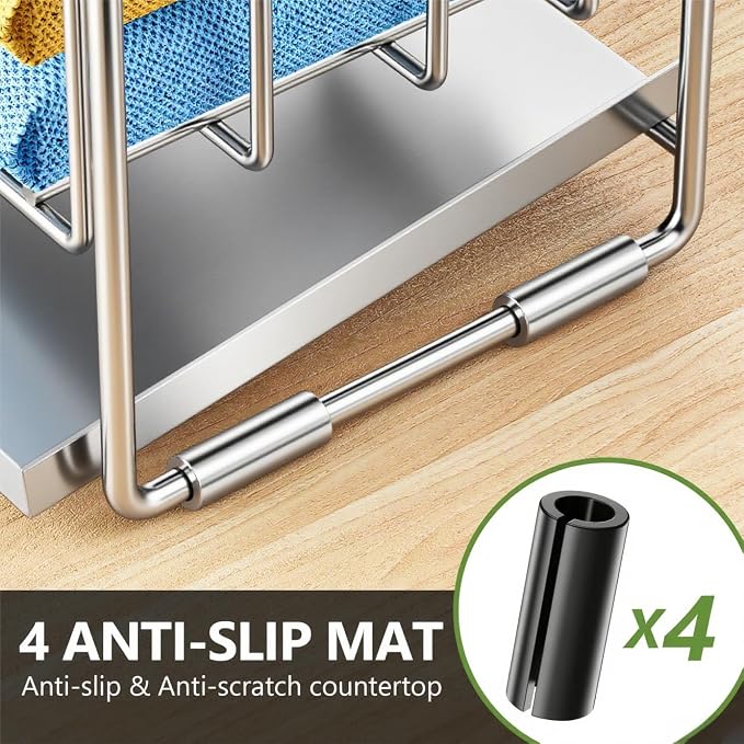 Cisily Silver 2-Tier Kitchen Sink Caddy Organzier Rack with Flexible Dish Brush Holder, Sponge Holder for Kitchen Sink Countertop Organization Storage,Home Decor Stainless Steel