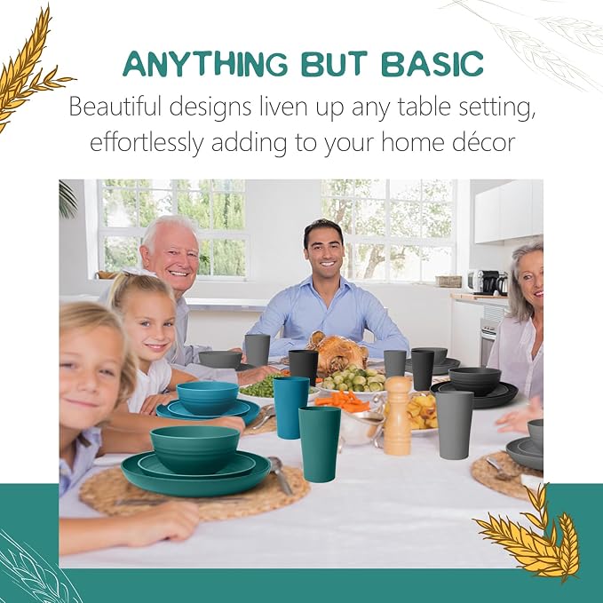 Teivio 32-Piece Plates and Bowls Sets for 8, Plastic Kitche Dinnerware Set | 13.5oz Cups,Wheat Straw Unbreakable Dish Set, Dishwasher, for Outdoor Camping RV Kitchen Essentials Dinner Plate set, Coastal