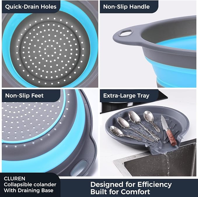 Collapsible Colander Set with Oversized Draining Tray | 3-Pack Foldable Kitchen Strainers + Base | Space Saving for Pasta, Veggies, Fruit & Rice | 5 Colors (Gray-Blue)