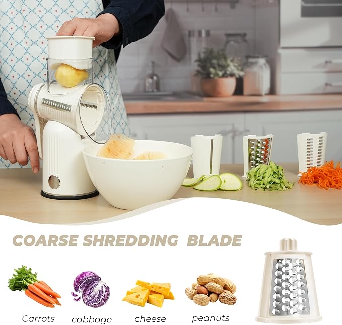 Rotary Cheese Grater Manual Hand Crank with 5 Blades & Suction Base, Kitchen Vegetable Shredder Slicer for Veggie, Nuts, Fruit, Cream