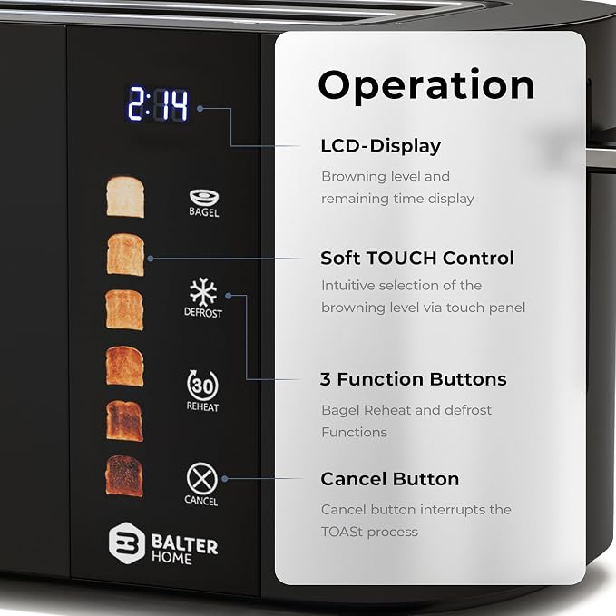 Balter Toaster 2 Slice, Bagel Function, Stainless Steel, Touch Screen, Built-in Rack, Extra-Wide 1.5" Slots for Thick Breads & Bagel, Timer, BPA-Free, Removable Tray, Black