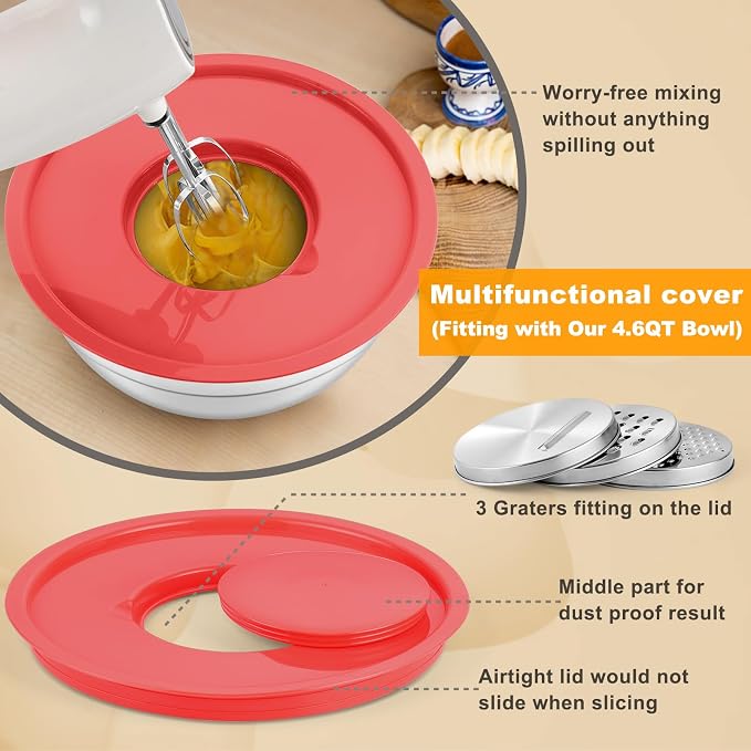P&P CHEF Mixing Bowls with Lids Set of 6, Nesting Salad Bowl, Multicolor | Stainless Steel Bowl & 3 Grater Attachments & Plastic Lid, For Prepping Baking Storing, Sizes with 4.6/2.6/2/1.5/1/0.7 QT