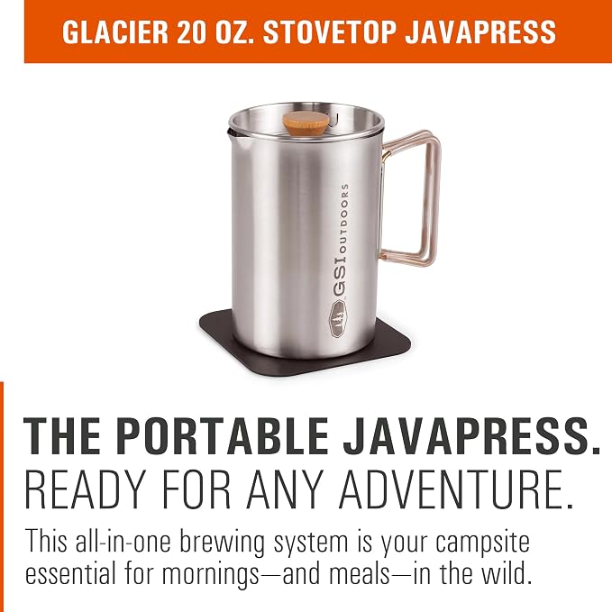 GSI Outdoors Glacier Stovetop Javapress, Stainless Steel French Press Coffee Maker for Camping (20 fl. oz.)