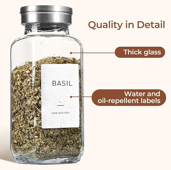 ComSaf Glass Spice Jars with Shaker Lids 8 oz 6 Pack Square | Labels, Seasoning Herbs Powders, Salt Pepper Chili, Spice Rack Organization, Kitchen Cabinet Storage, Funnel Included