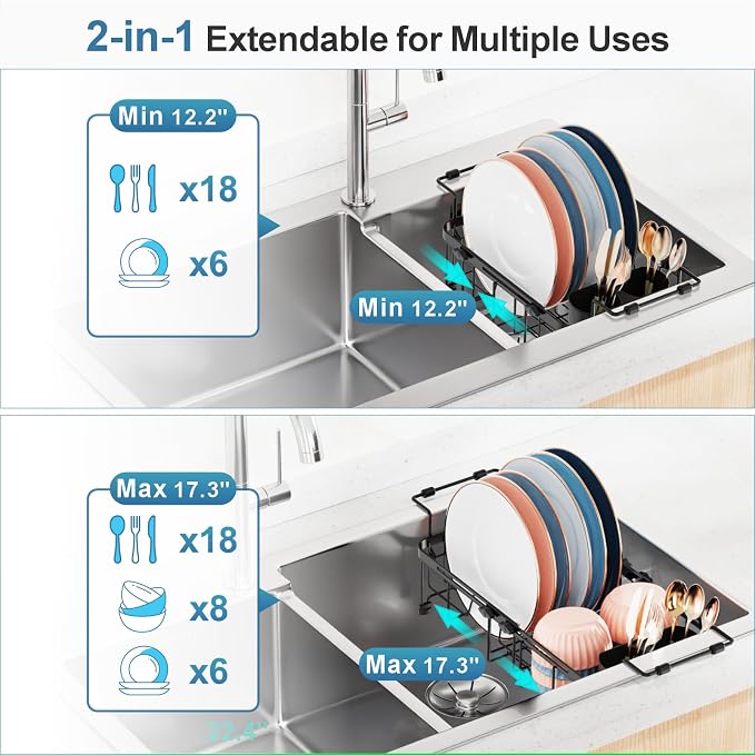 Small Sink Dish Drying Rack - 9" W Expandable for RV Apartment | Twist-Lock Adjustment, Removable Utensil Holder, Handles with Non-Slip Beads, Rust-Resistant, Space-Saving for Kitchen