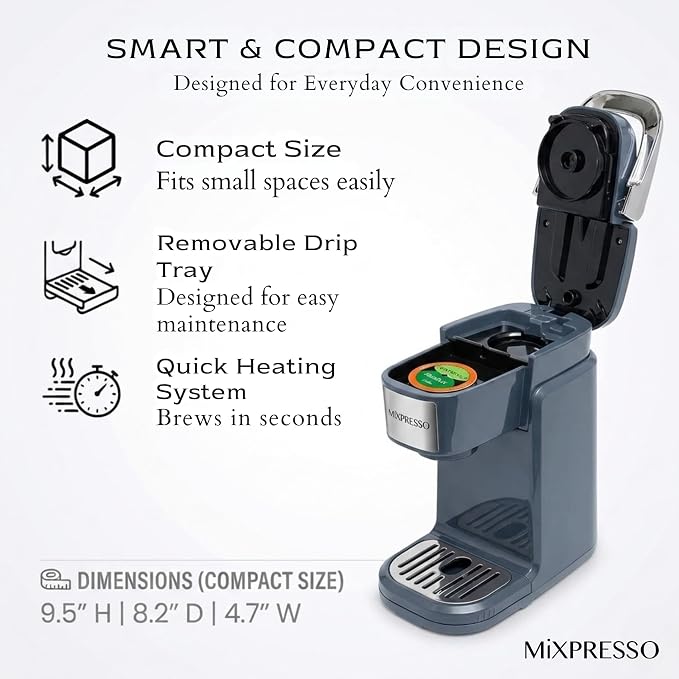 Mixpresso Single Serve Coffee Maker K Cup Coffee Maker for K Pods & Grounds | Compact 800W Gray Coffee Machine with 12 Oz Water Tank, Fast Brew & Auto Shut-Off, Small Design for Travel, Office, RV & Dorm
