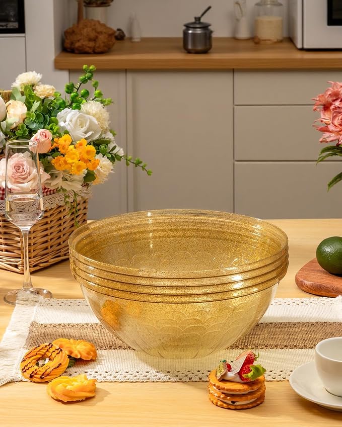 BESTVIP 150 Oz Glitter Gold Plastic Serving Bowls, 4 Pack | 11.6-Inch Disposable & Reusable Bowls for Salad, Snacks, Chips & Candy, Stackable for Parties, Holidays & Meal Prep