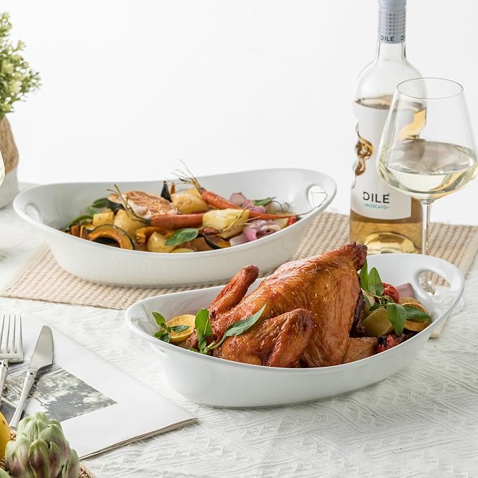 YHOSSEUN Large Serving Bowl with Handles, Oval Serving Platter Set of 2 | Thanksgiving Serving Dishes for Entertaining, Ceramic Salad Bowls Set, 1.5 Quarts, White, Microwave Dishwasher Oven Safe