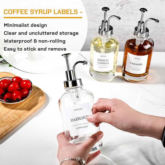 Coffee Bar Accessories,MHDCLY Coffee Syrup Dispenser - 4pack,16.9 oz Syrup Dispenser with Labels,Syrup Pump Dispenser for Coffee Bar(Silver Pump)