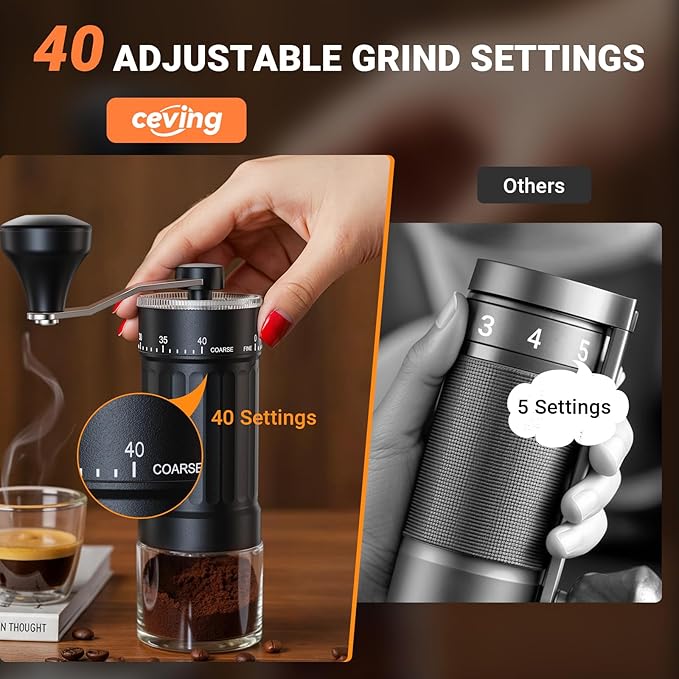 CEVING Mini Manual Coffee Grinder With 40 Adjustable Settings, Black | Portable Hand Coffee Bean Mill with Ceramic Conical Burrs, 30g Capacity, Ideal for Travel, Camping, French Press, Pour Over