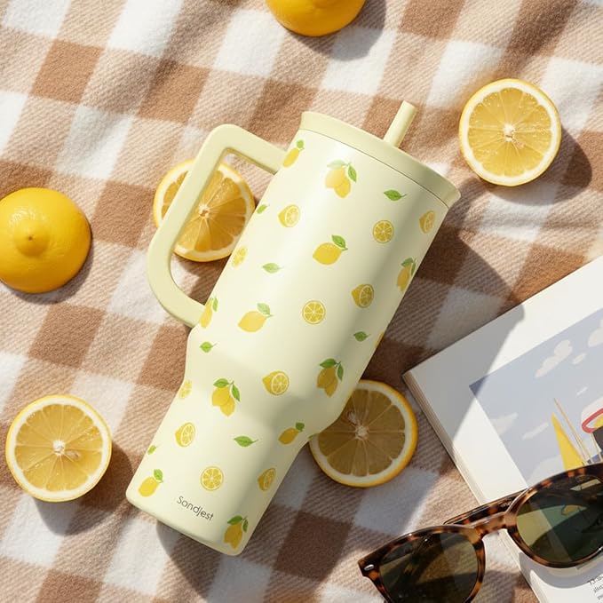 SANDJEST Lemon 40oz Tumbler with Handle and Straw, Insulated Stainless Steel Travel Coffee Mug for Women Girls, Gift Idea for Birthday Christmas Mothers Day Summer Vacation
