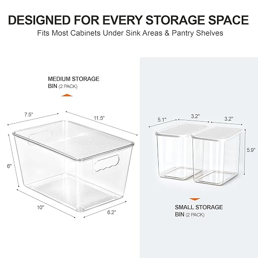 4PCS Home Organization Storage Set, 2 Front Access Clear Storage Bins & 2 Airtight Containers, Stackable for Snacks, Trash Bags, Coffee Pods, Seasonings, Cleaning Supplies, Pantry Under Sink