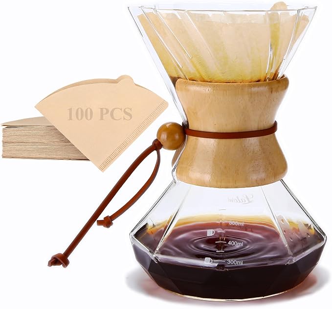Lalord Pour Over Coffee Maker, 550ml Borosilicate Glass Carafe & Dripper, Wooden Collar, Cowhide Rope, Includes 100 PCS Paper Filters (Clear, 19 oz)