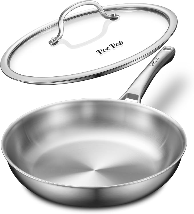 VocVoi Stainless Steel Pan, 12 Inch with Lid Stainless Steel Frying Pan, Non Toxic Tri-Ply Skillet, PFOA&PTFE Free, Oven and Dishwasher Safe, Induction Compatible