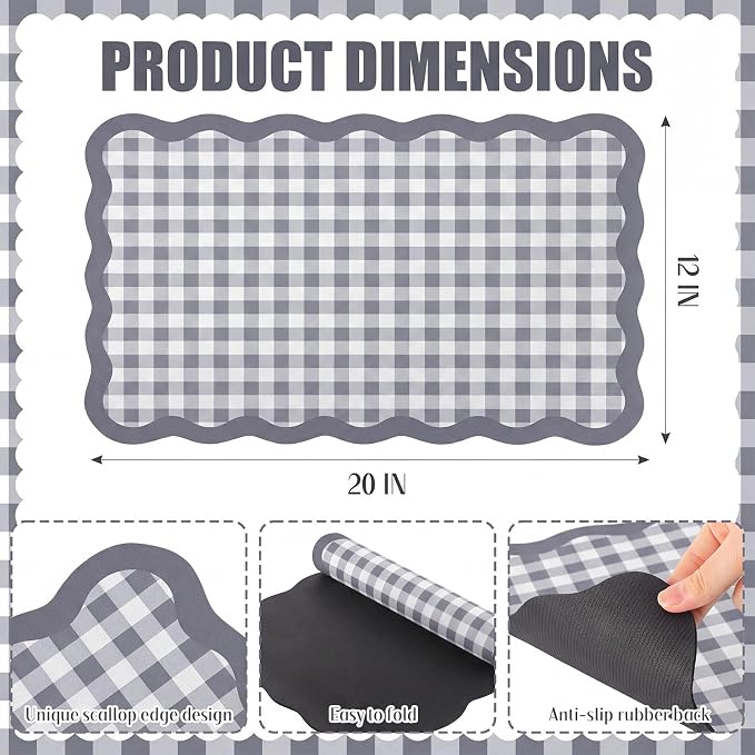 Gray Scalloped Gingham Coffee Mat 12" x 20" Absorbent Bar Mat | Gingham Espresso Matt with Non Slip Rubber Backing for Coffee Countertops