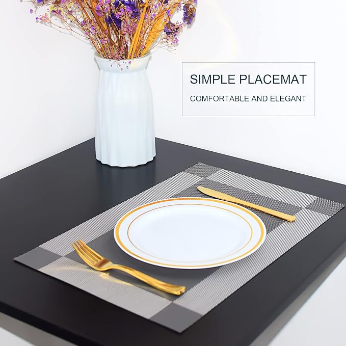 Placemats,Table Place Mats for Kitchen Dining, Heat-Resistant Anti-Skid Stain Washable PVC Table Mats, Easy to Cleaning Woven Vinyl Dinner Mats (Dark Silver, 6 Pack)