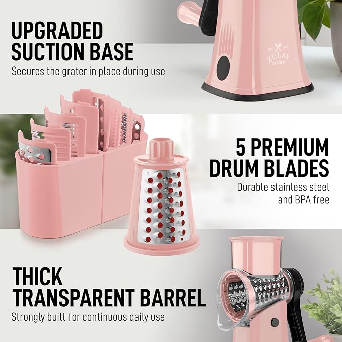 Zulay Kitchen Rotary Cheese Grater 5 Blade Cheese Shredder - Manual Hand Crank Cheese Grater With Reinforced Suction & 5 Interchangeable Drums - Easy to Use, Vegetable Chopper Round Mandoline Slicer
