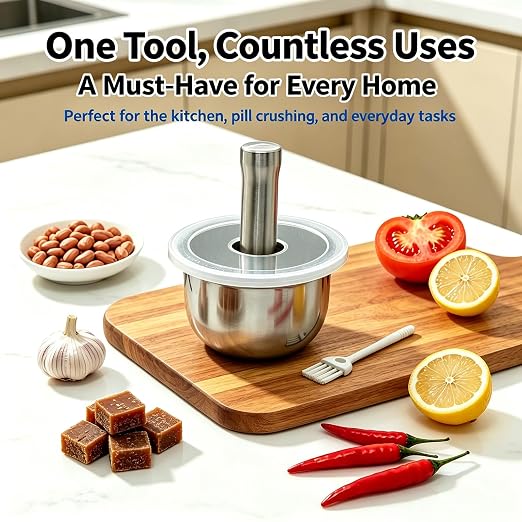 Mortar and Pestle Set, Pill Crusher Fine Powder, 2 Cups Capacity for Tablets, Herbs, Spices, Garlic, Nuts and More, Durable Yet Portable Design