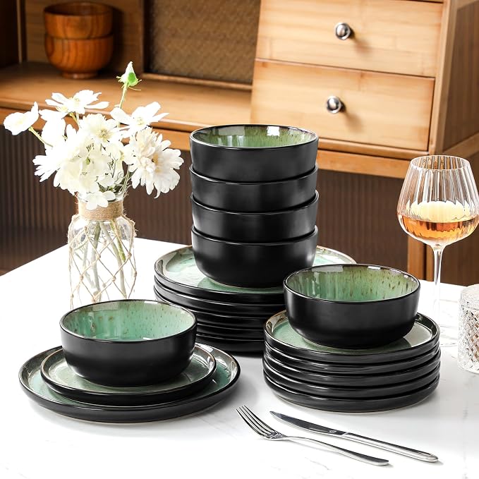 vancasso Plates and Bowls Sets, 18 Pieces Stoneware Dinnerware Sets for 6, Kitchen Dish Set Mircowave and Dishwasher Safe Ceramic Dishware, Turf Green, Series AMBER