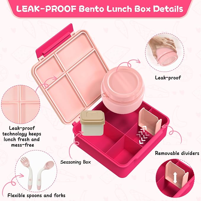 Aimsnk Lunch Box Kids with Thermo Insulated Lunch Bag for School, Pink | Bento Lunch Box for Kids with 8oz Food Jar, Leak Proof Hot Lunch Containers with 4 Compartment, Warm Lunchbox for Toddler