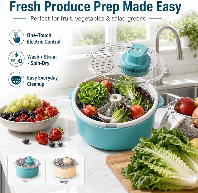 Electric Fruit and Vegetable Washer, Salad Spinner with Strainer Bowl (Blue) | One-Touch Electric Produce Washer | Wash, Strain & Spin-Dry Fruit, Vegetables and Salad in a Multi-Part Bowl System