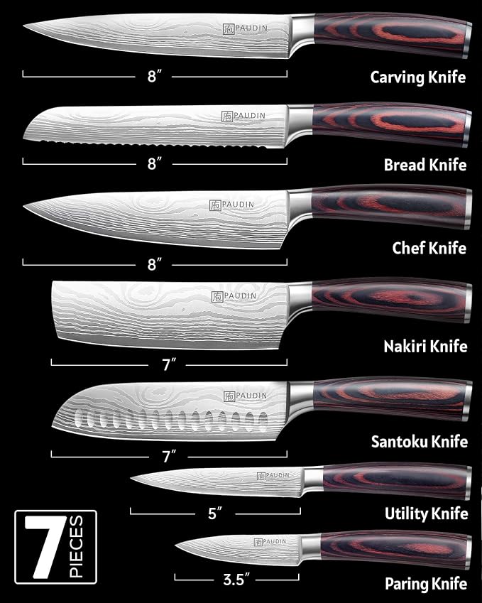 PAUDIN Chef Knife Set, 7 Pieces Kitchen Knife Set, Ultra Sharp Knife Set | High Carbon Stainless Steel, Professional Knives Set for Kitchen with Pakkawood Handle