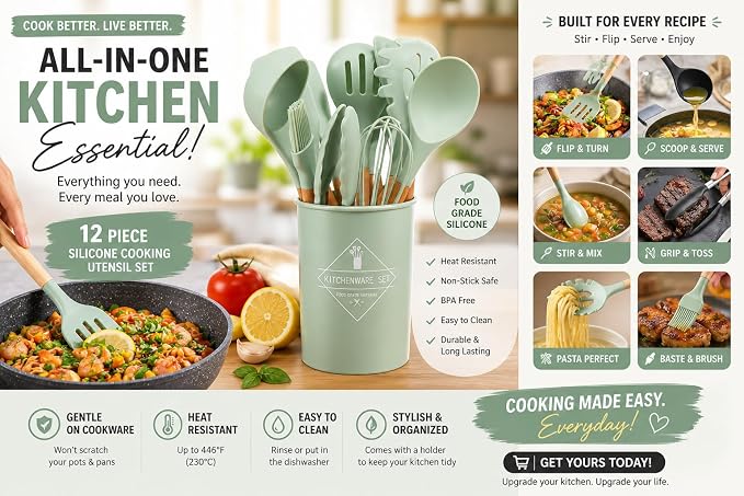 Caboh Silicone Kitchen Utensil Set 12 PCS – Heat Resistant Cooking Tools with Spatula, Serving Spoon, Tongs, Whisk & Holder, Nonstick Safe BPA-Free Kitchen Accessories Set (Light Green)