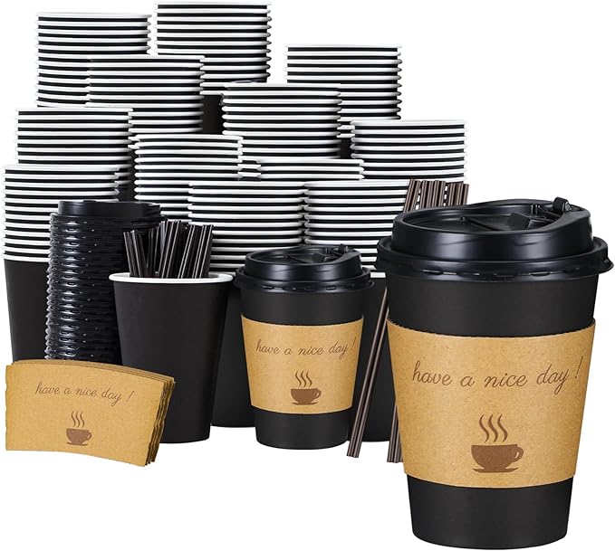 Lamosi 100 Pack 12 oz Coffee Cups, Disposable To Go Paper Cups with Lid | Hot Insulated Cups with Lids, Stir Sticks and Sleeves for Cold Drinks, Tea and Latte, Cafe, Travel and Home Use
