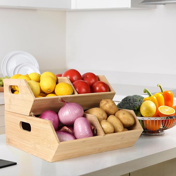 Bamboo Pantry Organizers and Storage Bins, 2 Set Stackable Baskets for Vegetables, Potatoes, Onion, Garlic, Bread - Bamboo Kitchen Containers for Pantry Drawer, Counter, Cabinet