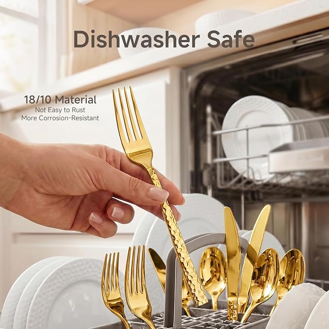 20 Piece Gold Silverware Set, 18/10 Stainless Steel Hammered Flatware for 4 | KINGSTONE Flatware set Includes Fork Spoon Knives, Cutlery Utensil Set for Party,Wedding, Mirror Polished Dishwasher Safe