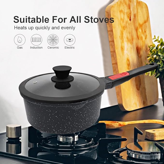 1.5 Qt Nonstick Saucepan with Lid, Small Sauce Pot with Pour Spout, Black | Detachable Handle, Suitable for All Stoves, Including Induction, Oven Safe, PTFE & PFAS & PFOA Free