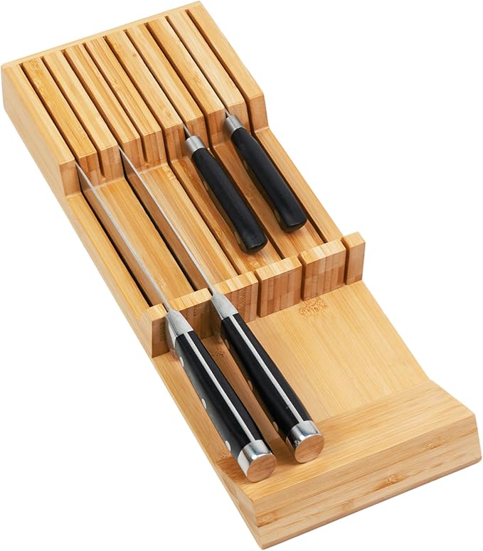 Utoplike Knife Drawer Organizer, Bamboo Knives Block for Kitchen Drawers | Small Knives Holder for Steak, Paring, Bread Knife, Holds Up to 9 Knives (Not Included), Compact Drawer Organization Storage