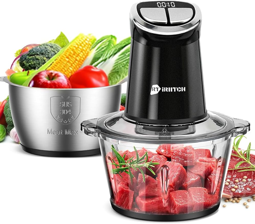 IRIITCH Food Processor with LED Timer, 800W Electric Chopper | 2 Bowls (12-cups Glass Bowl+12 cups Stainless Steel Bowl), 2 Set 6 Bi-Level S-Blades