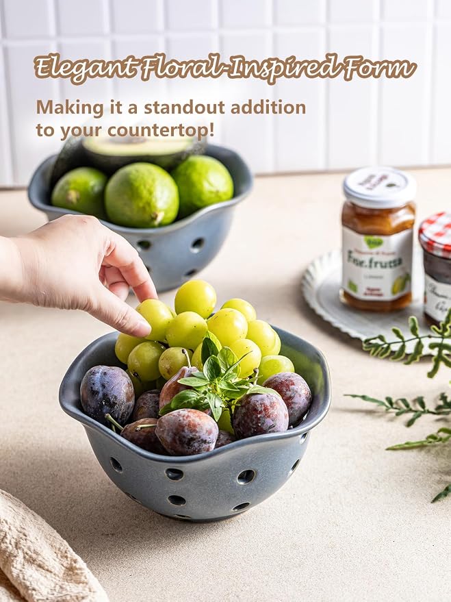 Gomakren Fruit Basket Set of 2, Ceramic Fruit Bowl Berry Basket with Holes, 7.6 Inch Fruit Containers Colander for Fridge - Farmhouse Kitchen Decor, Slate Blue