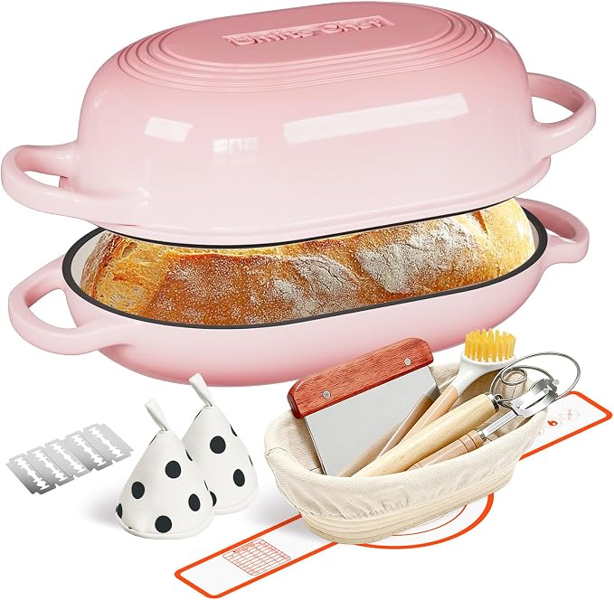 Enameled Cast Iron Sourdough Bread Oven, Dutch Oven for Bread Baking, - incl. Sourdough Bread-Baking Supplies like Banneton Bread-Proofing Basket - 5QT Loaf Cast Iron Bread Pan-Making Kit Pan, Pot, Sour Sough Tools, Lame (Pink)