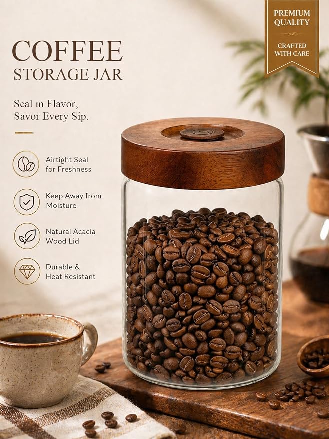 Coffee Canister, 9oz Airtight Glass Storage Jar with Wooden Lid | One way CO₂ valve helps keep beans fresh, thick glass jar for coffee beans, grounds, tea, sugar, spices, and countertop decor